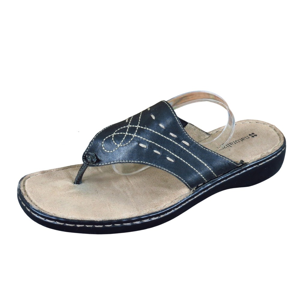 Naturalizer Canna Women Thong Sandal 8.5 Wide Walking Black Leather Comfort Shoe